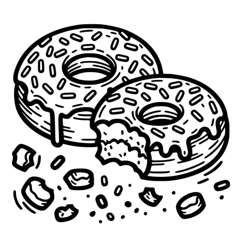 donut with sprinkles with a bite taken out of it and crumbs around it