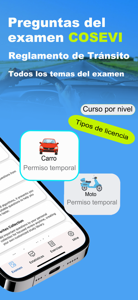 Interfaz de la aplicación de preparación para el examen de conducir de Costa Rica con preguntas del examen COSEVI y categorías de licencias para autos y motos.