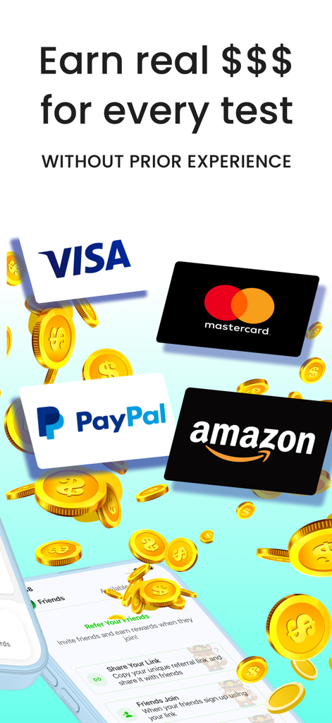 MONEY CASH - Fun & Earn - Money Cash app interface showing rewards like PayPal Amazon and Visa with gold coins