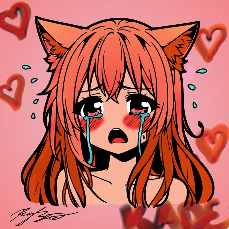 anime girl neko, face with long hair and crying