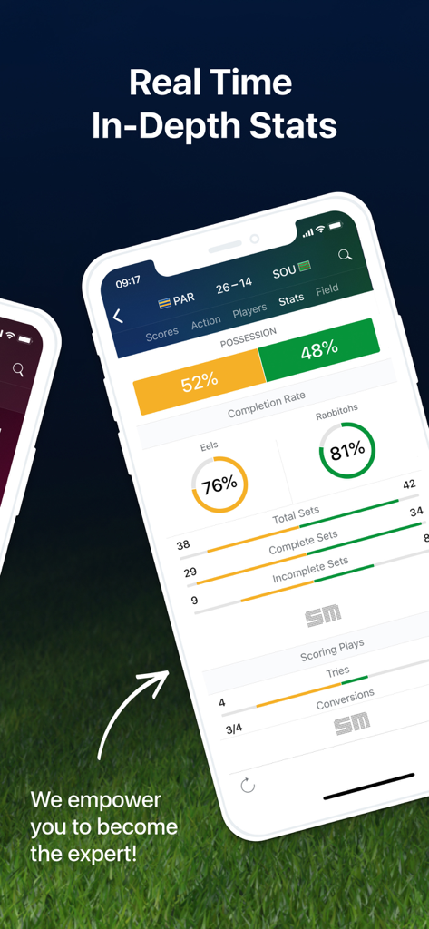 Rugby League Live app screen showing real-time in-depth match statistics