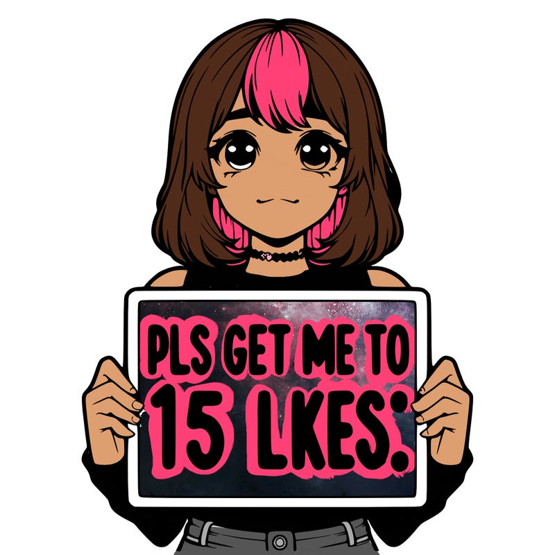 realistic girl holding up a sign that says “pls get me to 15 likes!”