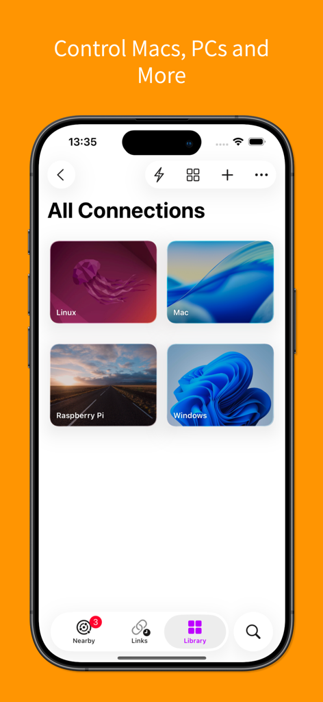 Screens for Organizations - Screenshot of Screens for Organizations app showing remote connections for Mac, Windows, Linux, and Raspberry Pi.