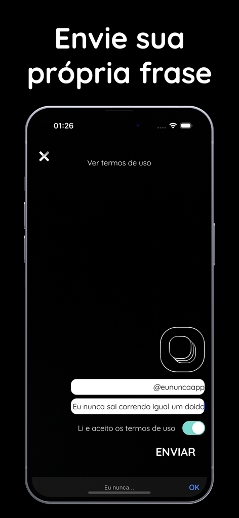 Mobile screen for submitting custom phrases in the Eu Nunca +18 party game app