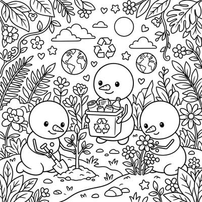 Join these adorable baby snowmen as they celebrate Earth Day with a heartwarming display of environmental care. This charming coloring page invites you to bring their eco-friendly adventures to life with your favorite colors.