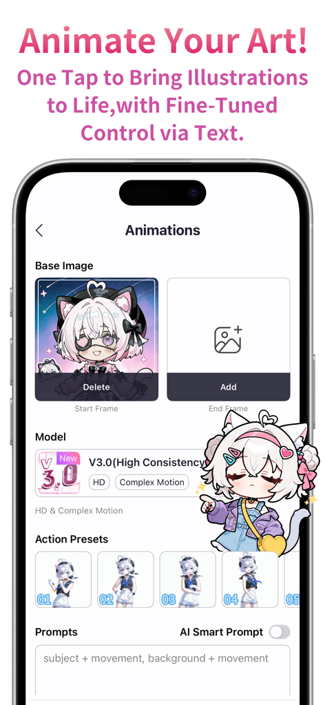 PixAI - AI Anime Art Generator - PixAI App-Oberfläche zur Animation von Anime-Illustrationen mit KI-Modellen und Aktionsvoreinstellungen