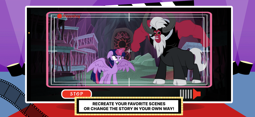 My Little Pony: Story Creator - 앱 내 스토리 녹음 화면에서 악당 티렉 경과 마주한 트와일라잇 스파클.