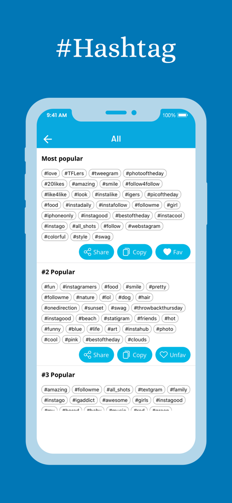 HashTag : #Tag For Caption - Interfaz de la app Hashtag mostrando listas de hashtags de tendencia para redes sociales con botones de copiar y favoritos