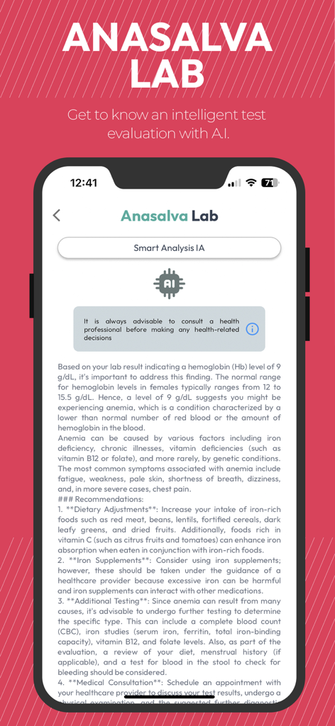Anasalva Lab - Interface do Anasalva Lab exibindo avaliação e recomendações de exames laboratoriais geradas por IA