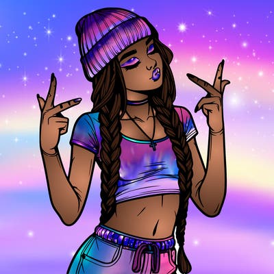 realistic teenage girl with braids and a beanie and crop top doing 🫶🏼