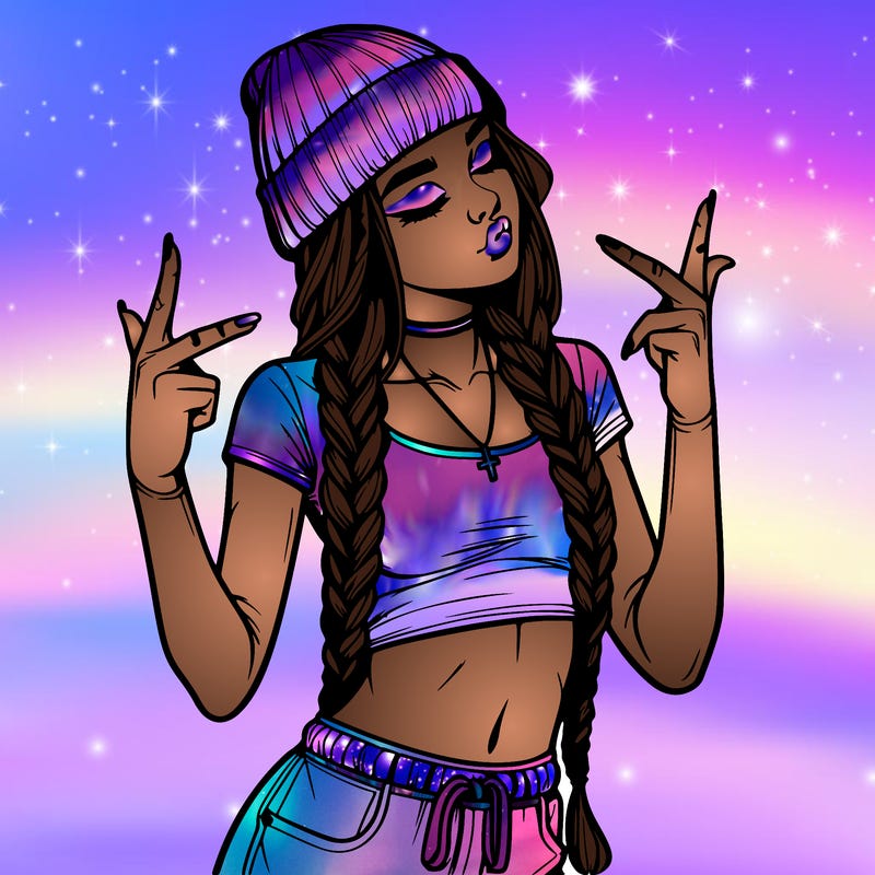 realistic teenage girl with braids and a beanie and crop top doing 🫶🏼