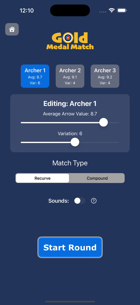 Gold Medal Match - Pantalla de configuración para personalizar los niveles de habilidad de los oponentes virtuales de tiro con arco y los tipos de partido.