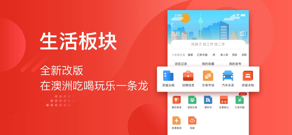 今日澳洲-澳大利亚租房生活信息指南 - Interface of the Today Australia app showing various lifestyle service categories such as housing, employment, and market trading in Simplified Chinese.