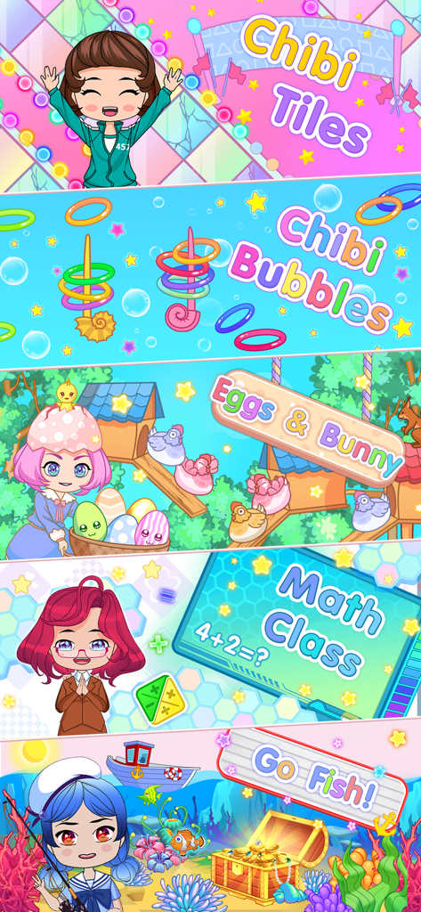 A variety of mini games in Chibi Maker including Chibi Tiles Math Class and Go Fish