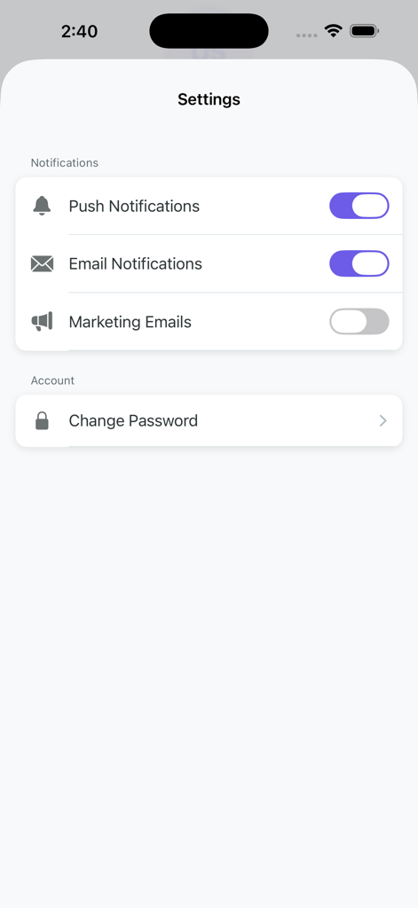 Écran des paramètres de l'application PSme montrant les préférences de notification et les options de sécurité du compte.