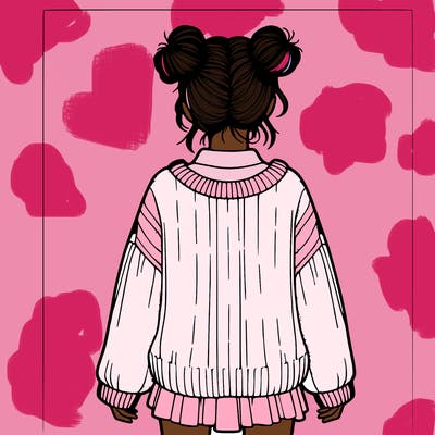 girl in a over sized sweater with cute space buns and shirt back hair