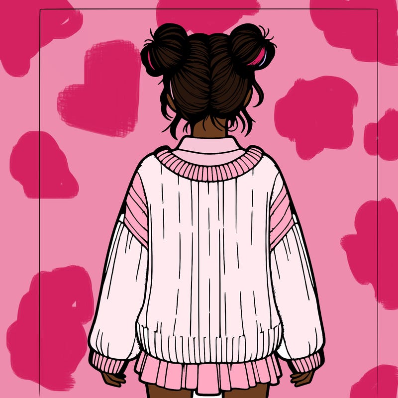 girl in a over sized sweater with cute space buns and shirt back hair