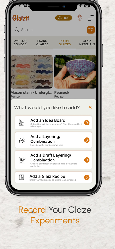 Glaizit – Smart Pottery Hub - Mobile interface for adding pottery glaze recipes and experiments in the Glaizit app