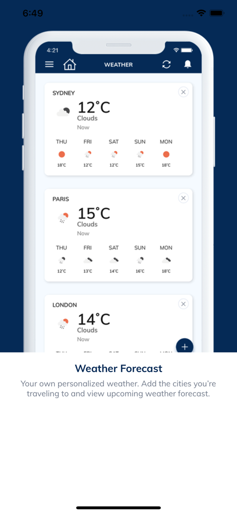 Tela de previsão do tempo do aplicativo SmartTrips mostrando temperatura e condições para Sydney, Paris e Londres