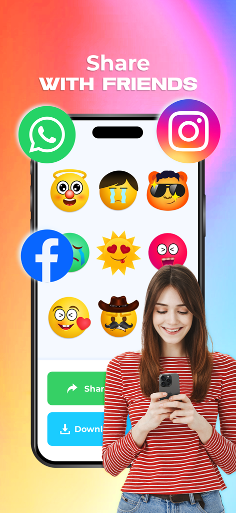 Emoji & Sticker Design Lab - Young woman using the Emoji and Sticker Design Lab app to share custom emojis with friends on social media