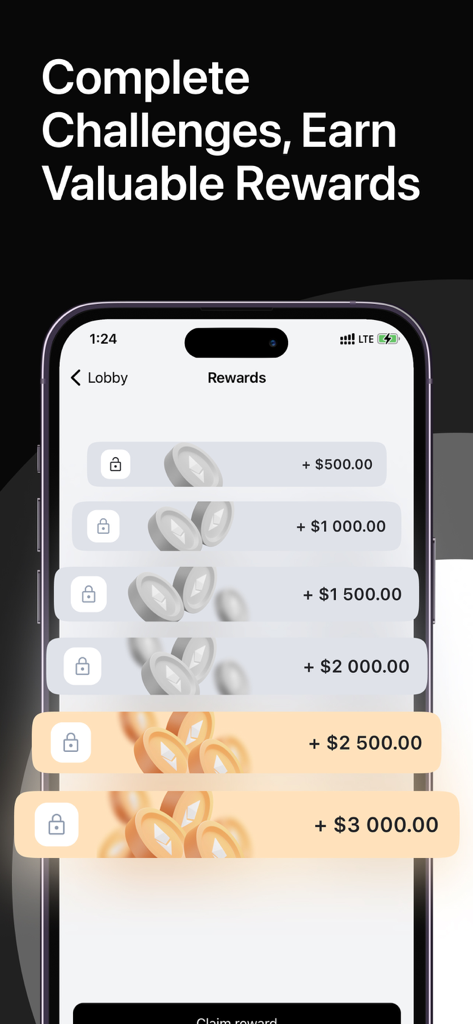 Mobile interface showing a list of virtual cash rewards and trading challenges in the Cryptoguru app