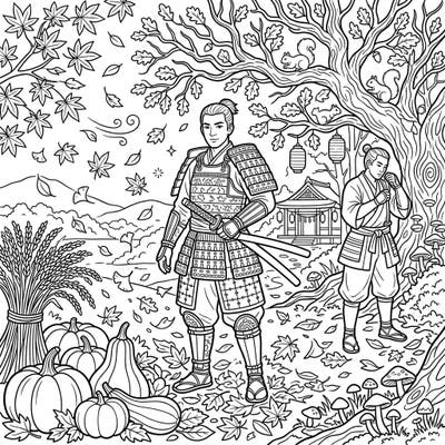 Step into a breathtaking autumn scene where the spirit of ancient Japan meets the beauty of fall. This captivating coloring page features noble samurai warriors amidst falling leaves and harvest delights, ready for your creative touch.