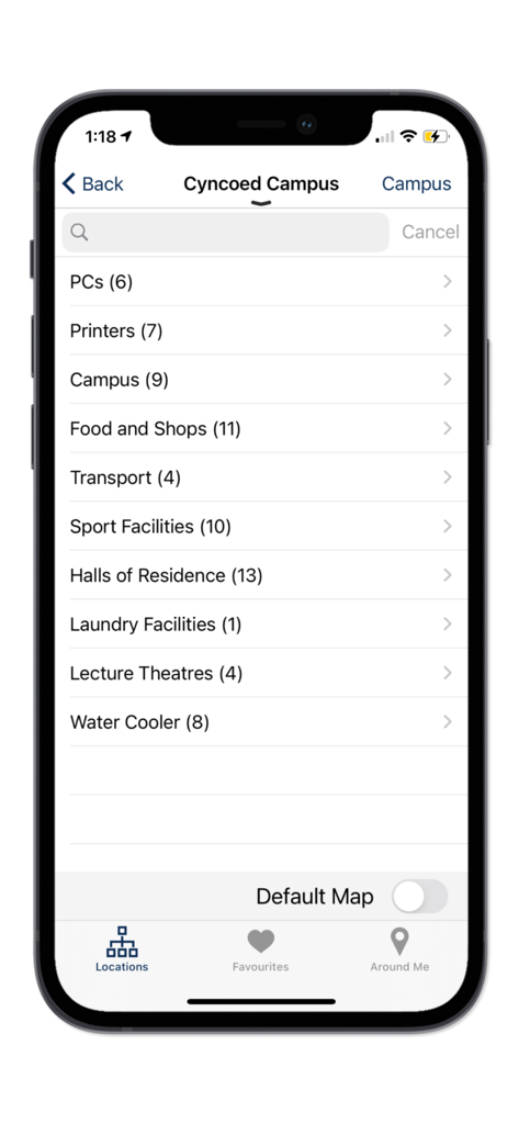Cardiff Met University - MyCardiffMet app screen showing a directory of facilities and locations for Cyncoed Campus including PCs and sport facilities