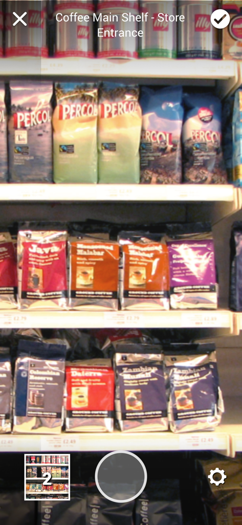 Mobile app interface showing a retail store coffee shelf audit using computer vision technology