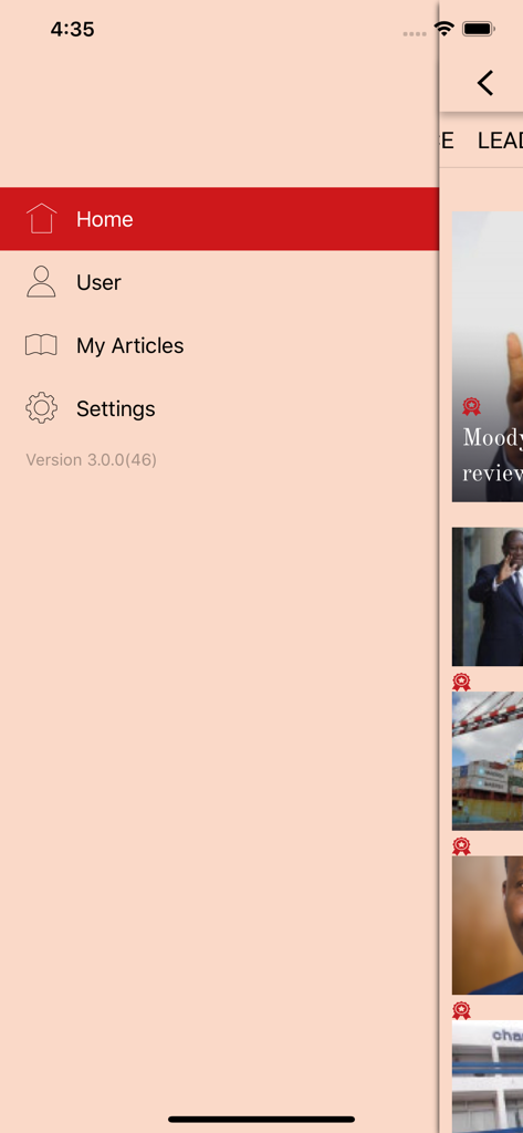 Financial Afrik - Navigation side menu of the Financial Afrik app showing Home, User, My Articles, and Settings options.