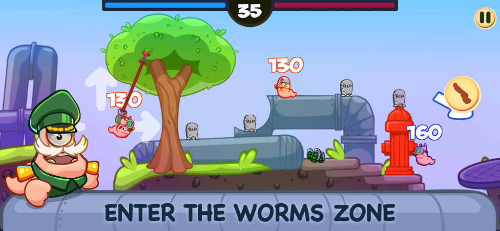 Gameplay screenshot of Worm Battle Wormageddon showing cartoon worms in a tactical turn-based battle.