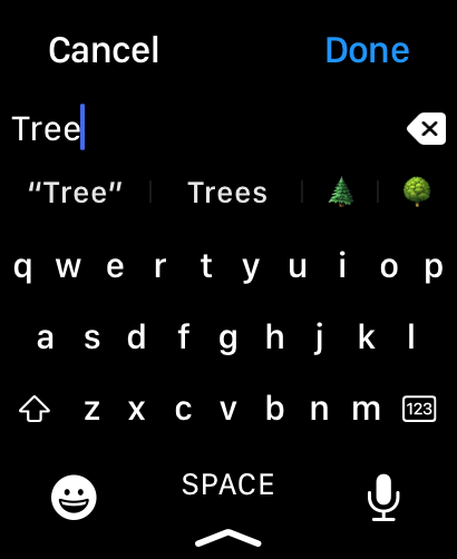 Interfaz de teclado de Apple Watch para escribir una consulta de búsqueda en la aplicación Buscar con Google