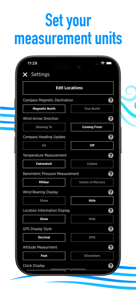 Wind Compass - Wind Compass app settings screen showing customizable measurement units for wind direction and temperature