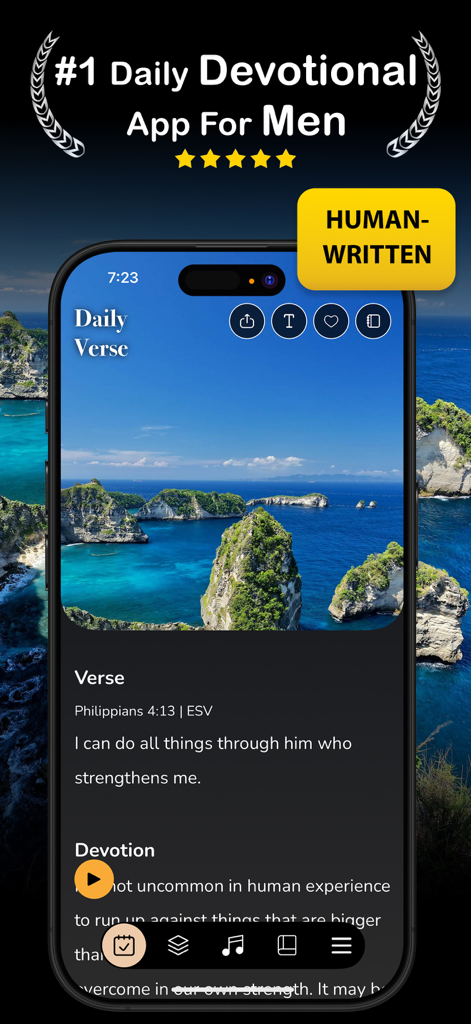 Interface de l'application Méditation Pain Quotidien pour Hommes montrant un verset biblique sur une image côtière pittoresque