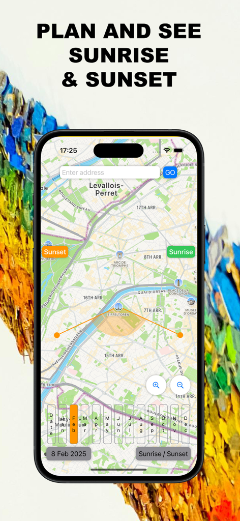 Application mobile SunPath affichant les trajectoires de lever et de coucher de soleil sur une carte interactive