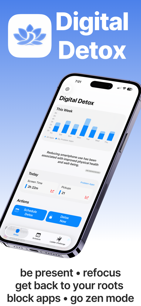 Digital Detox ADHD AppBlocker - Interfaz de la aplicación Digital Detox mostrando el seguimiento del tiempo de pantalla y las funciones de bloqueo de aplicaciones