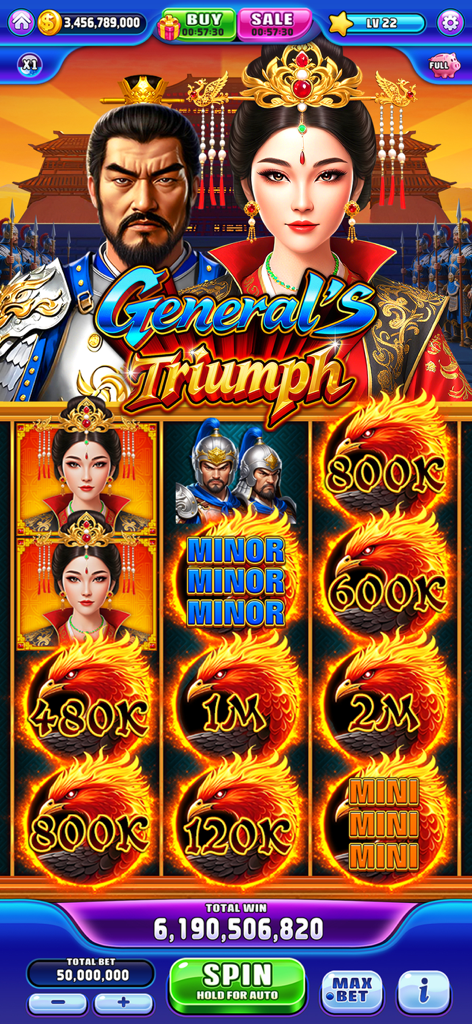 Dragon Jackpot Slots Casino - Gameplay of the General's Triumph slot machine in the Dragon Jackpot Slots Casino app