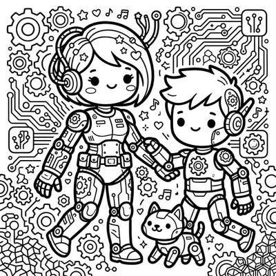 Explore a charming world where technology meets cuteness with this Kawaii Cyborgs coloring page. Designed for teens, it features adorable robotic characters and intricate mechanical details for a captivating artistic experience.