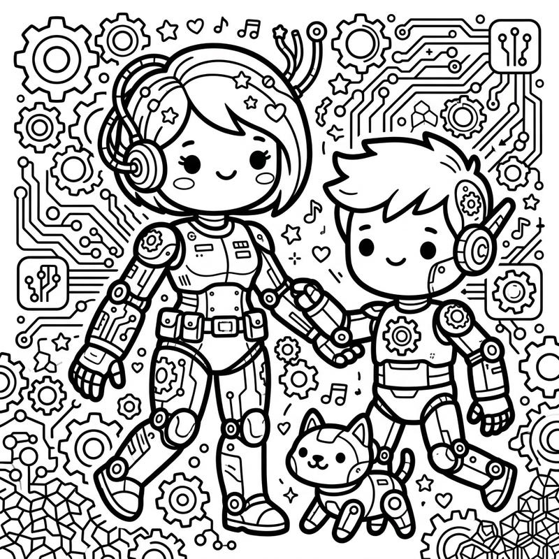 Explore a charming world where technology meets cuteness with this Kawaii Cyborgs coloring page. Designed for teens, it features adorable robotic characters and intricate mechanical details for a captivating artistic experience.