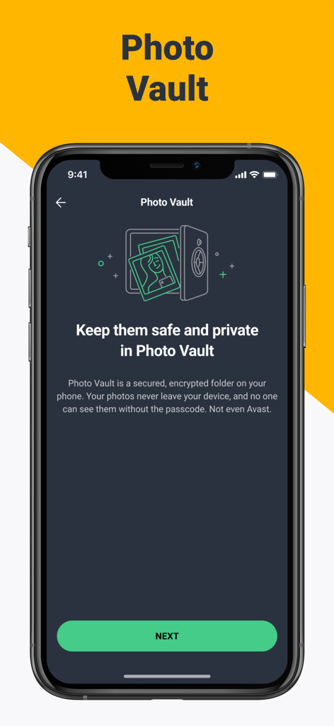 AVG Mobile Security Photo Vault feature showing a secure encrypted folder for private photo storage.