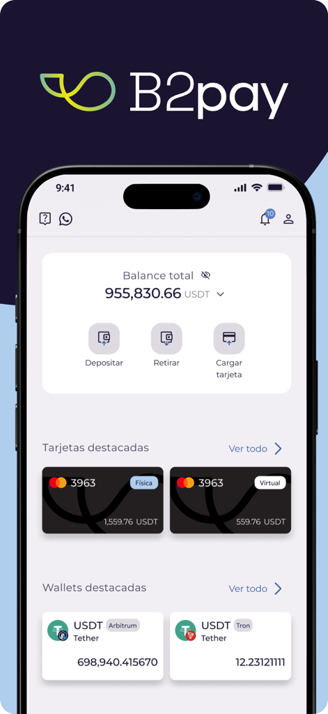 Painel do aplicativo fintech B2pay exibindo saldo USDT e ferramentas integradas de gerenciamento de ativos digitais