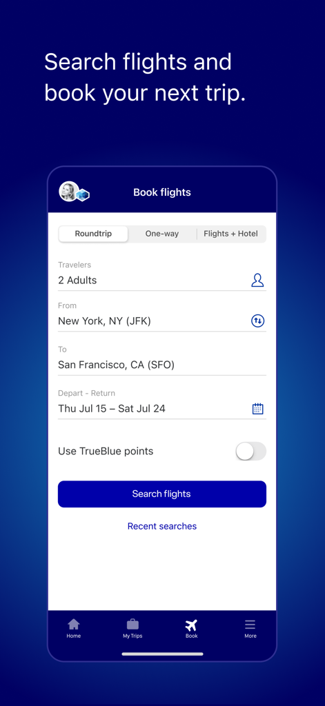 JetBlueモバイルアプリのフライト検索画面に、ニューヨークからサンフランシスコへの往復フライトの予約オプションが表示されています。