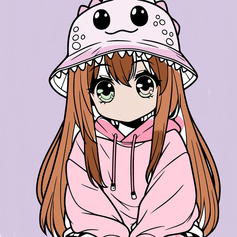 girl with anime shaped eyes with a dinosaur bucket hat oversized sweatshirt long straight hair