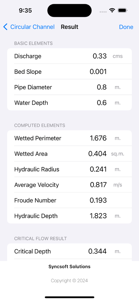 원형 채널 수압 계산 결과 화면으로, 방류량, 속도 및 프루드 수가 표시됩니다.