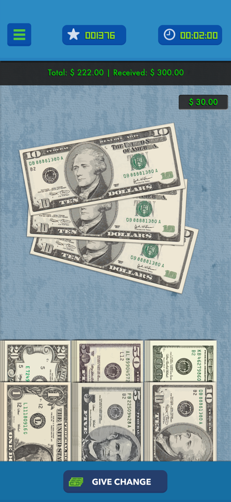 Take Your Money - Una pantalla de simulación de cajero donde los usuarios practican dar el cambio con billetes de dólar estadounidense para mejorar las habilidades matemáticas.