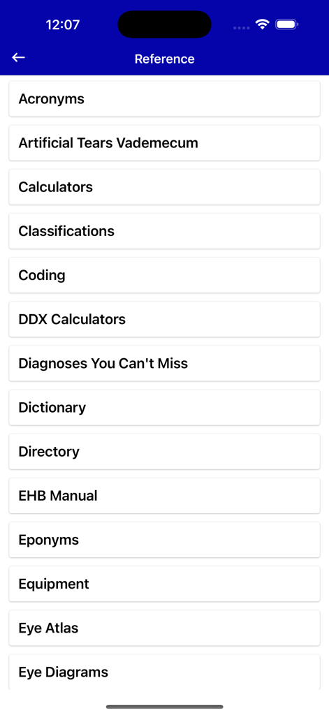 Eye Handbook - Eye Handbook mobile app showing the reference menu with categories like calculators and eye diagrams