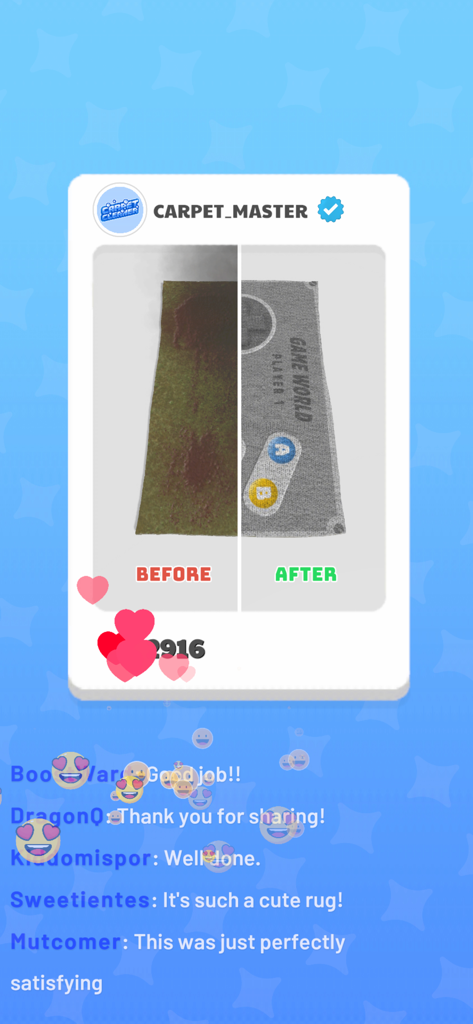 Before and after comparison of a cleaned gaming controller rug in a carpet washing game.