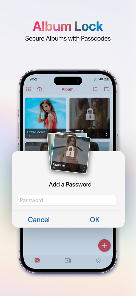 iVault: Hide Photos & Videos - Smartphone screen showing the Album Lock feature of iVault with a password prompt to secure private photo albums.