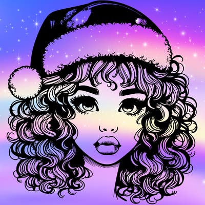 realistic girl with a santa hat curly hair and lips
