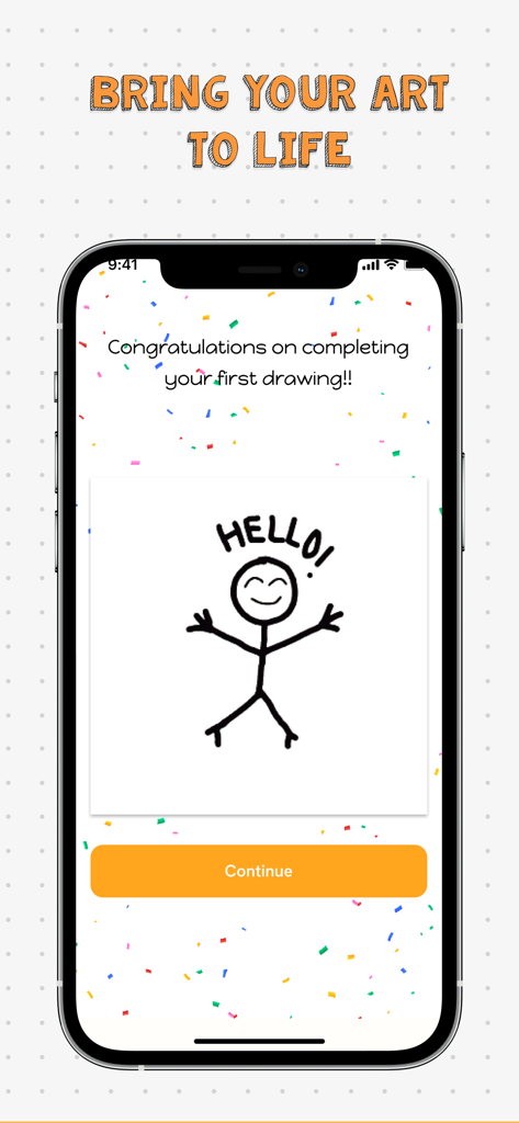 Smartphone screen showing a completed stickman drawing with a congratulations message and colorful confetti