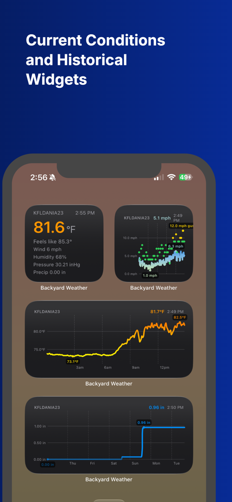 Backyard Weather - PWS - Backyard Weather PWS iPhone widgets showing current conditions and historical data charts